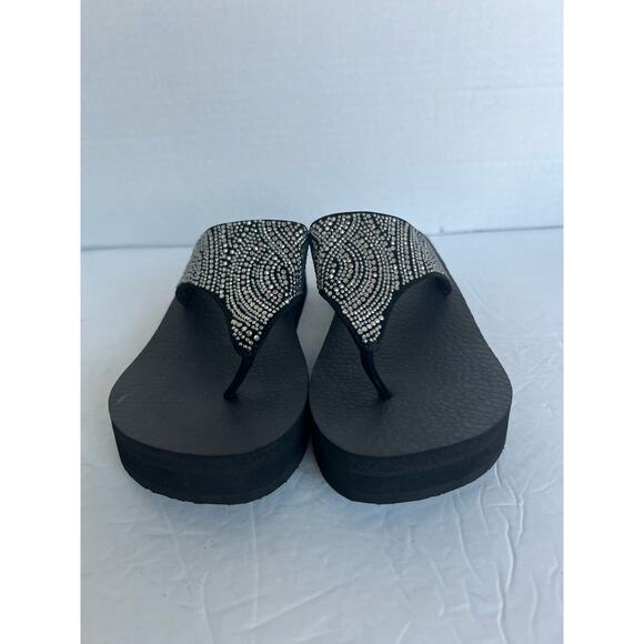 Skechers Vinyasa Stone Candy Black W/ Silver Rhinestones Wedge Thong Sandals 8 - Picture 3 of 12